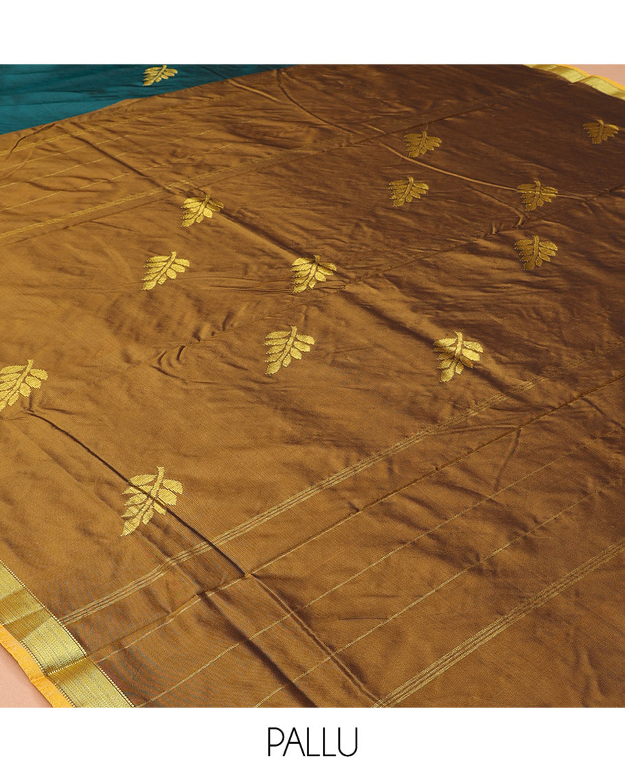 Teal Blue Art-Silk Nine Yard Saree, Woven with Leaf Buttas, a Contrast Traditional Border, Pallu of Leaf Buttas, and No Blouse