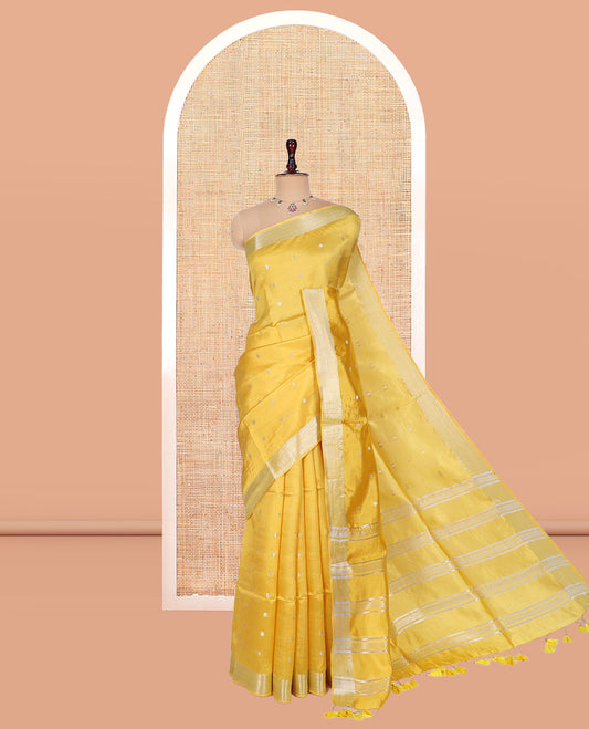 Yellow Banana Pith Saree, Adorned with Buttas, a Zari Border, Striped Pallu, and Matching Blouse