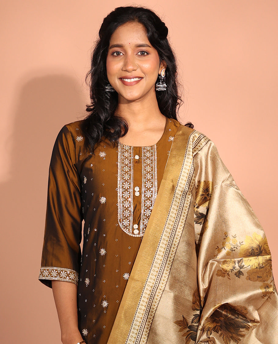 Brown Vichitra Readymade Suit