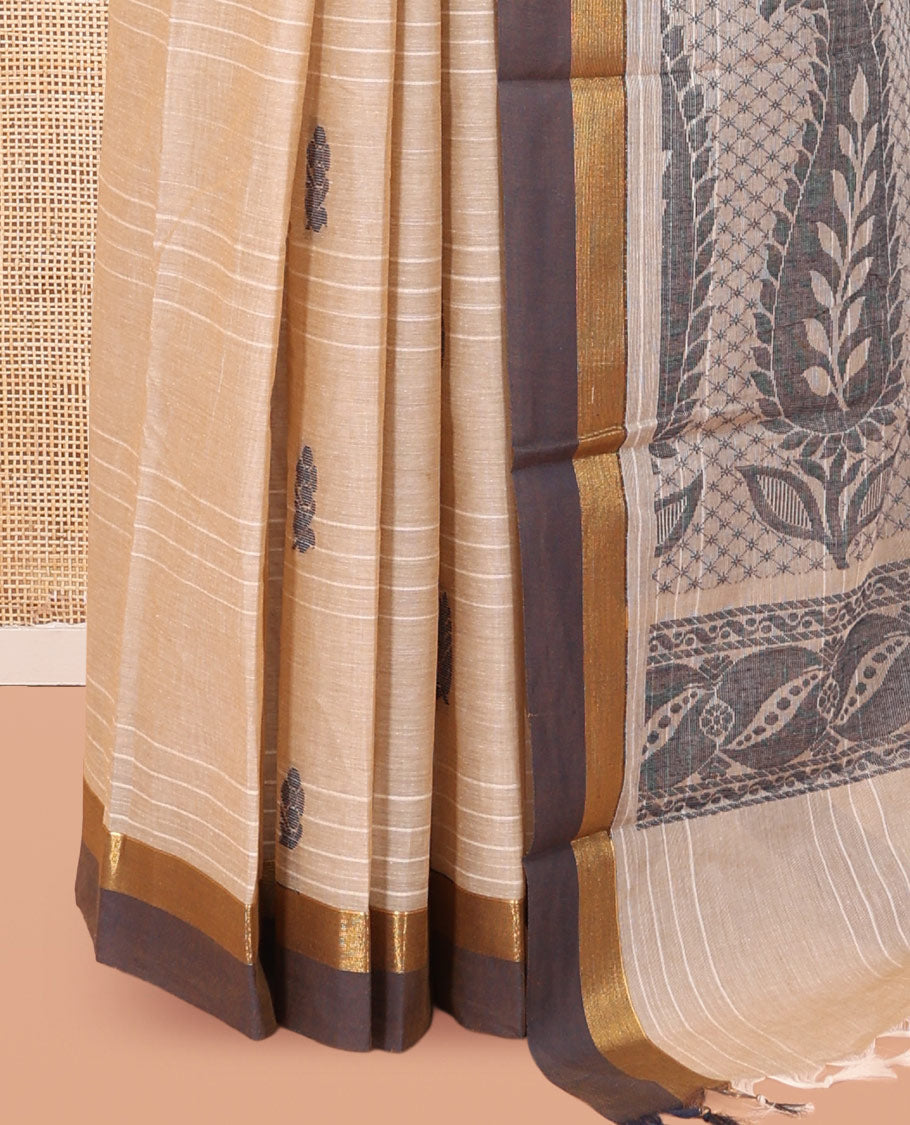 Light Sandal Kanchi Cotton Saree, Woven with Thread Buttas and Stripes, a Contrast Border, Intricate Pallu, and a Matching Blouse