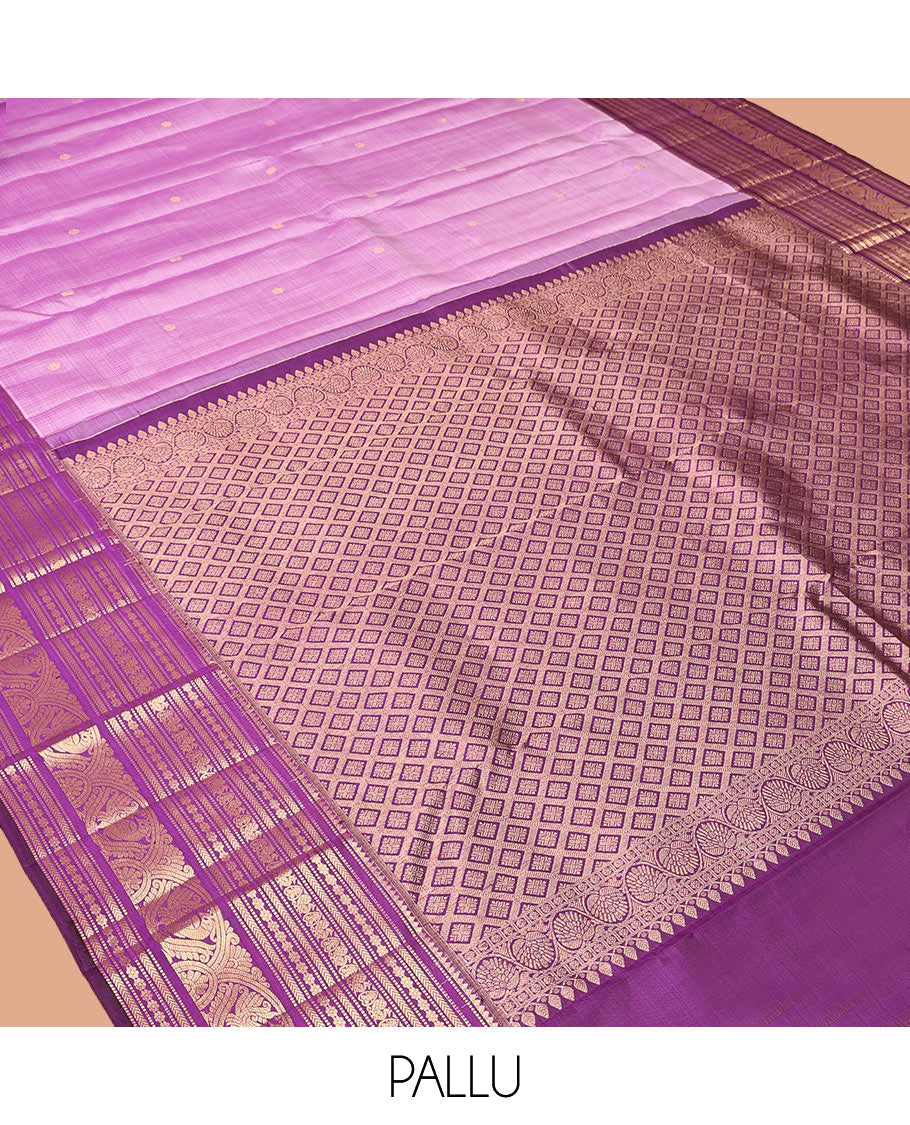 Light Purple Kanchipuram Silk Saree, Subtly Sparkled with Buttas, Complemented by a Contrast Border of Thilakam, Muthu, Kathir, Kamalam, and Mayil Designs, Jaal Pallu, and Contrast Blouse