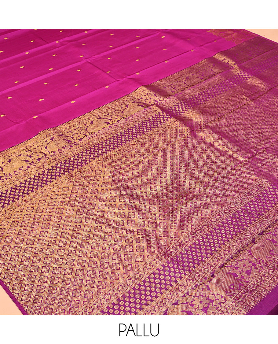 Pink Kanchipuram Designer Silk Saree, Adorned with Manga Buttas, Zari Border of Yaanai Designs, Grand Jaal Pallu, and a Matching Blouse