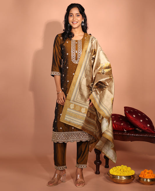Brown Vichitra Readymade Suit