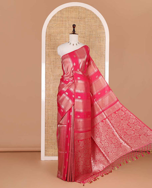 Borderless pink traditional zari motifs steeped elite soft silk saree, floral jaal pallu, and matching zari buttas woven blouse