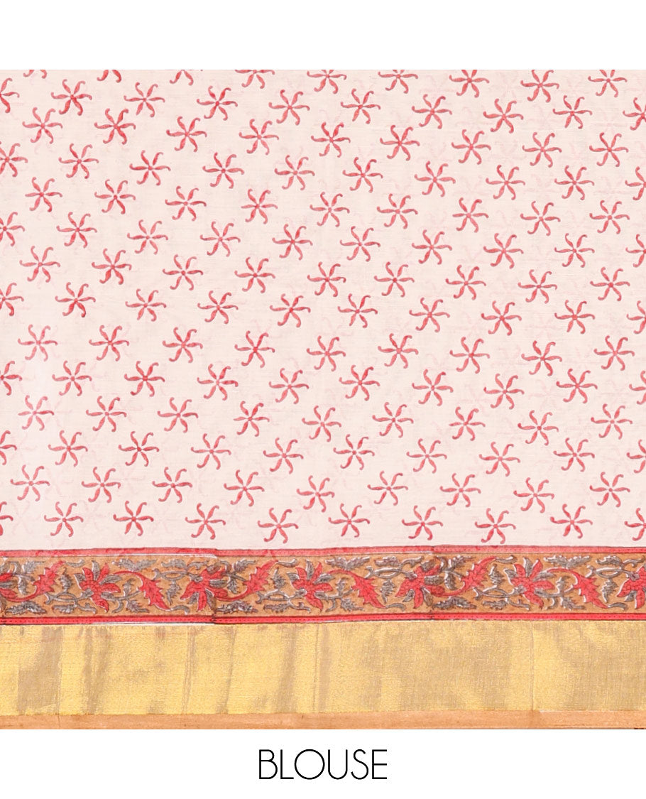 Cream Kerala Cotton Saree, Elevated with Floral Buttas Printed on Its Body, Highlighted by Gleaming Golden Zari Border, Pallu Features the Floral-Paisley Print, and Paired with a Matching Printed Blouse