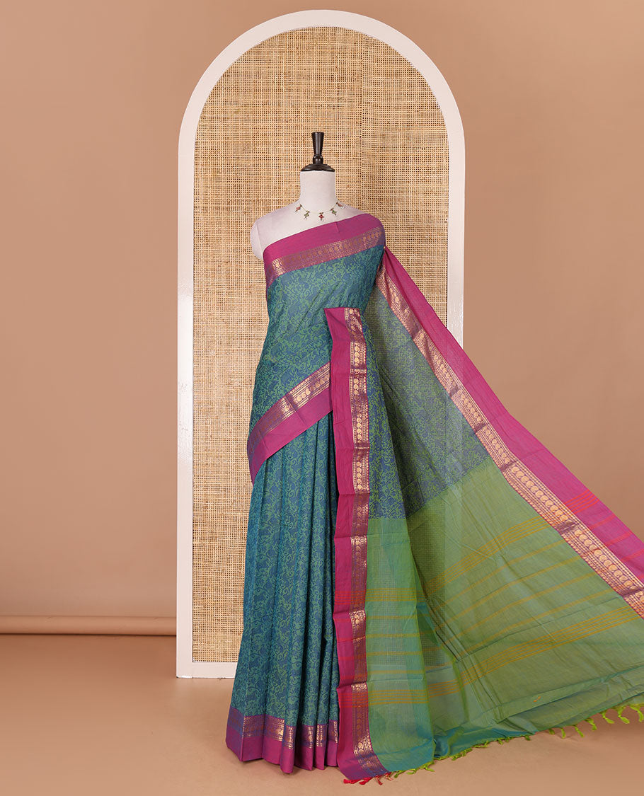 Green vanasingaram style flora-fauna motifs, Chettinad cotton saree, contrast traditional zari border, striped pallu, and contrast blouse