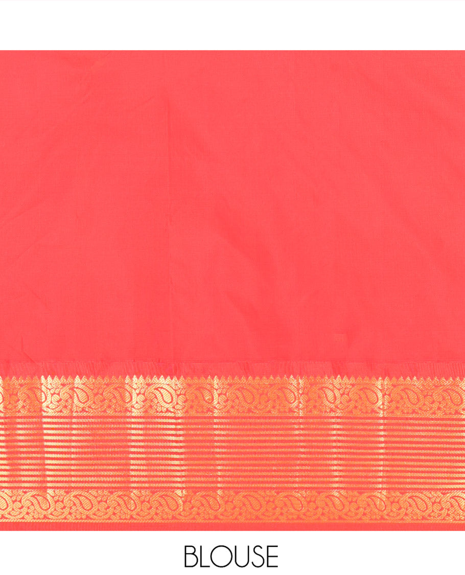 Dark Green Budget Silk Saree, Scintillated with Peacock Zari Buttas All Over Its Body, Complemented by Contrast Border of Paisley Designs, Gleaming Pallu of Jaal Designs, and Paired with a Contrast Blouse
