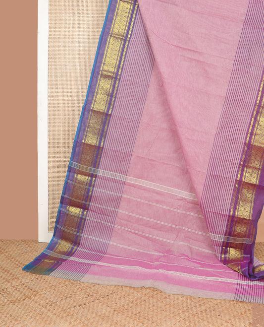 Pink striped kanchi cotton saree with contrast traditional zari design border & striped pallu