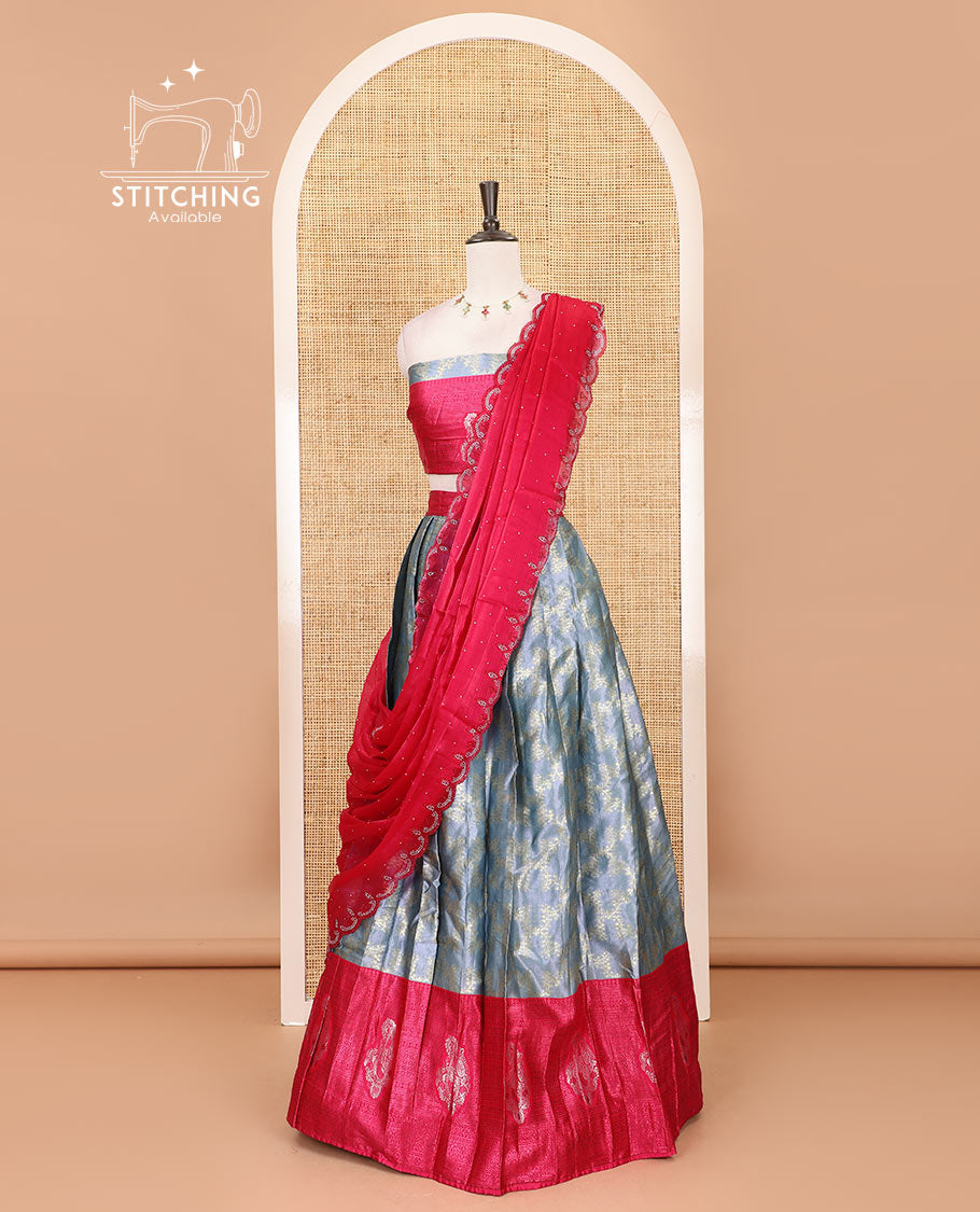 Grey-rani pink half-saree, floral jaal jacquard banarasi skirt, contrast traditional zari stone work border,  matching blouse, and contrast scallop embroidered velvet organza dhavani