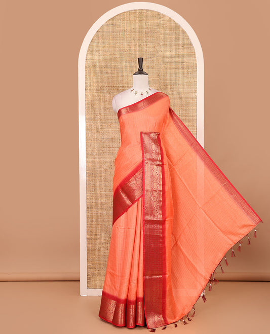 Orange gold zari vertical striped dola silk saree, contrast traditional zari border of manga design, striped pallu & contrast diamond design blouse