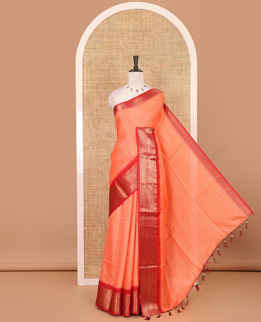 Orange gold zari vertical striped dola silk saree, contrast traditional zari border of manga design, striped pallu & contrast diamond design blouse