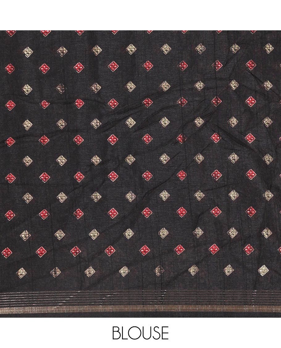 Black Dola Silk Saree, Subtly Enriched with Leaf Motifs Printed On Its Body, Highlighted by Self-Border of Zari and Print Work, Printed Pallu, and Paired with a Matching Blouse