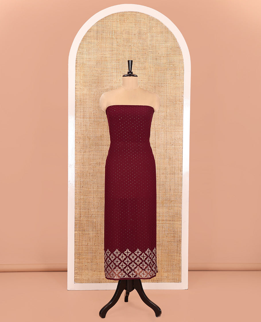Magenta Material Churidar Set, Swarovski Stone Work Fox Georgette Top, Comes with a Plain Santoon Bottom, and a Scallop Swarovski Stone Work Fox Georgette Dupatta