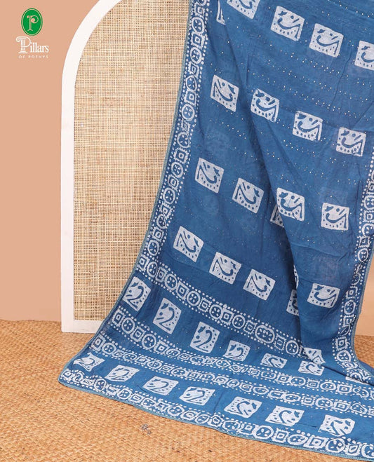 Blue pathick printed sequins work masraise cotton saree with lace printed border & pathiick print rich pallu along with running blouse