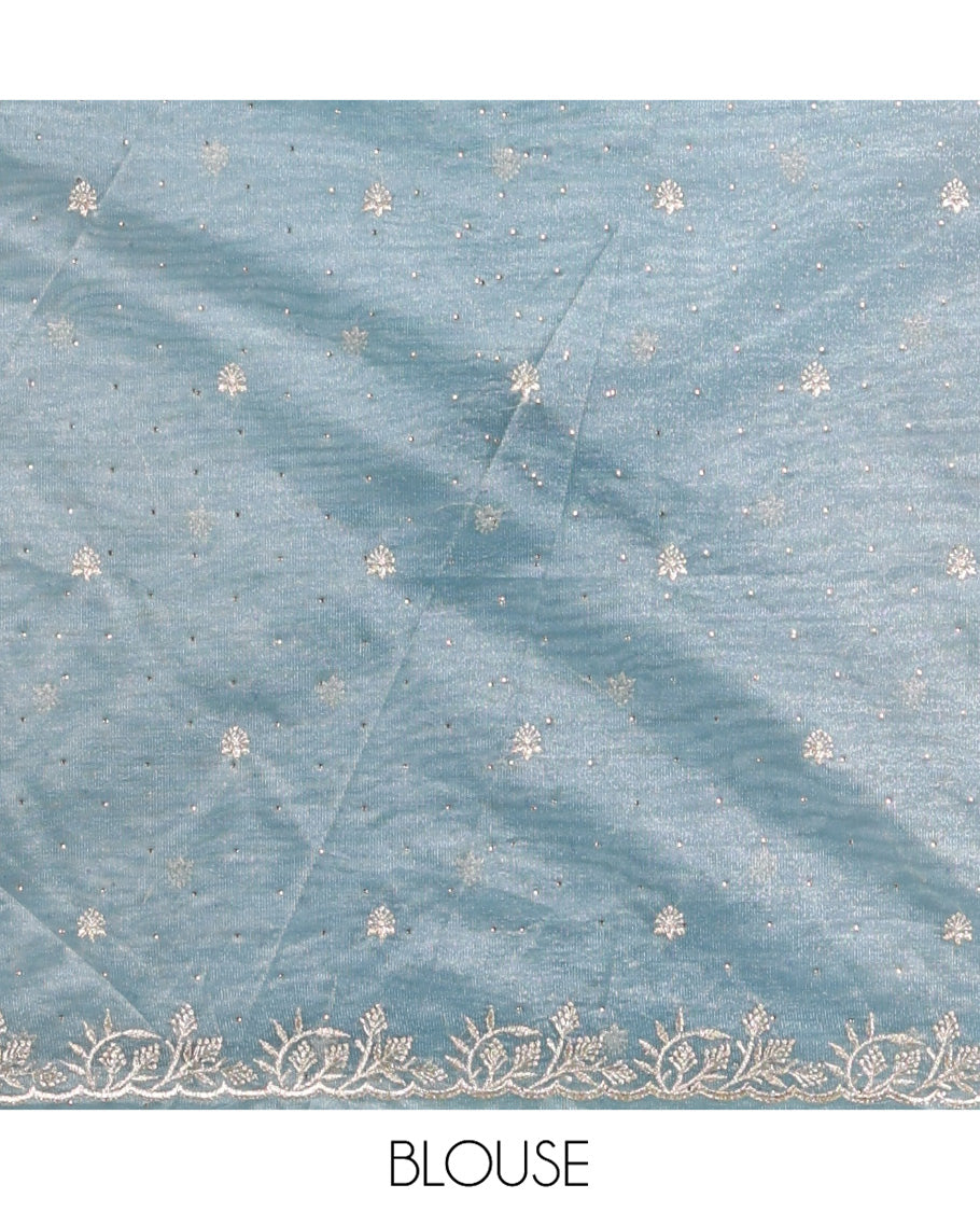 Blue Twill Net Saree, Gleamed Up with Stone Work, Highlighted by a Scallop Embroidered Border and Paired with a Matching Blouse