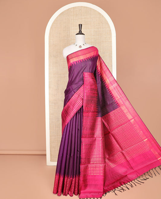 Purple Dupion Silk Saree, Complemented by Contrast Temple Border of Dobby-Style Buttas, Pallu Steeped with Dobby-Style Buttas, and Paired with a Contrast Blouse