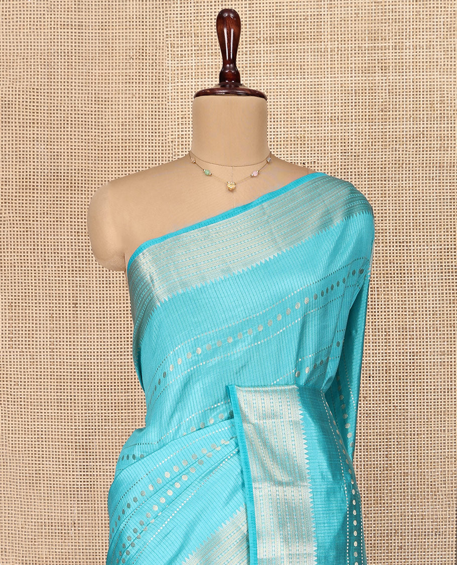 Blue Semi-Banaras Dupion Saree, Finely Crafted with Buttas and Stripes, Traditional Border, Complemented by Contrast Zari Striped Pallu, and a Contrast Blouse