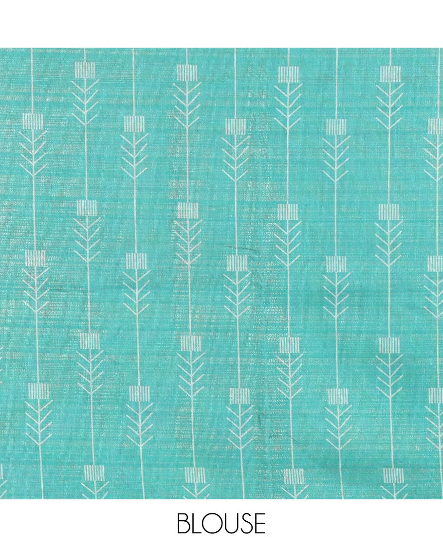 Brown Tissue Saree, Accentuated with Horizontal Stripes and Unique Motifs Printed All Over Its Body, Complemented by Contrast Printed Border, Pallu Depicts Geometric Patterns, and Paired with a Contrast Geometric Printed Blouse