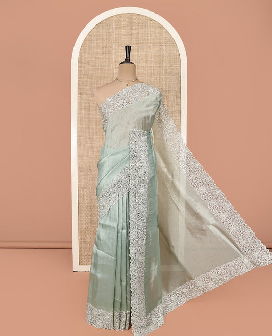 Pale Green Designer Saree, Decorated with Stonework, Scallop-Cut Work Border, Self Pallu, and Matching Blouse
