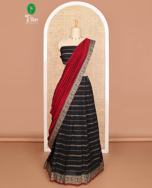 Black with maroon mercerised cotton daman resham border half saree with mercerised cotton blouse & skya georgette one side resam border work