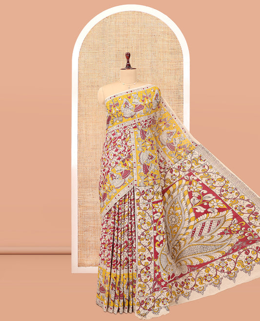 Red Kalamkari Cotton Saree, Adorned with Floral Vine Print, Contrast Printed Border, Kalamkari Peacock Motifs Pallu, and a Contrast Blouse
