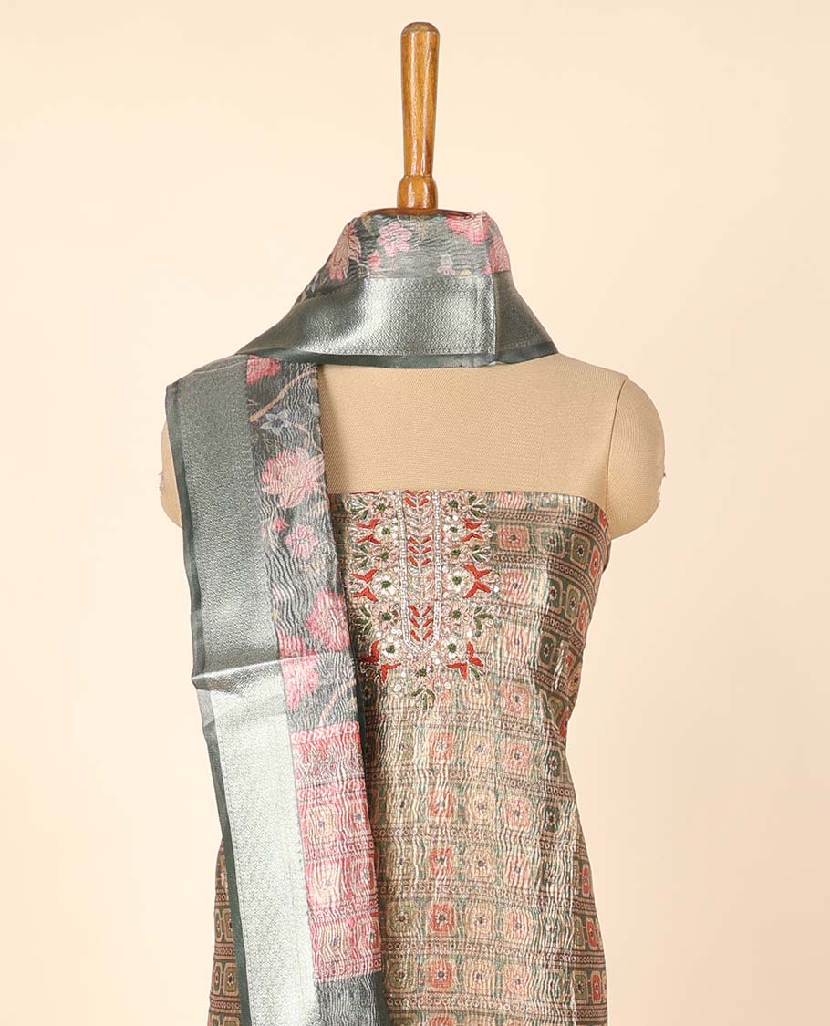 Green material chudidhar set, jacquard & embroidery top, plain bottom & floral print dupatta