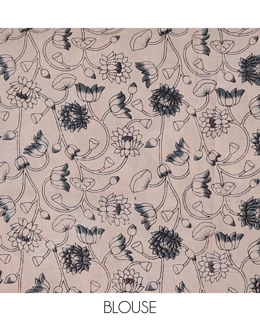 Blue floral vine design machine printed kalamkari cotton saree with contrast flora design border & animal motifs pallu