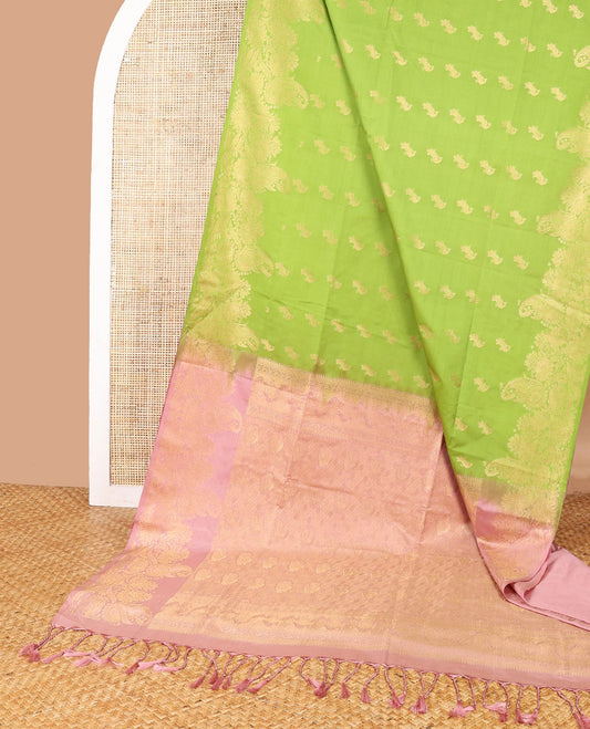 Green buttas soft silk saree with self floral design border & intricate zari design pallu