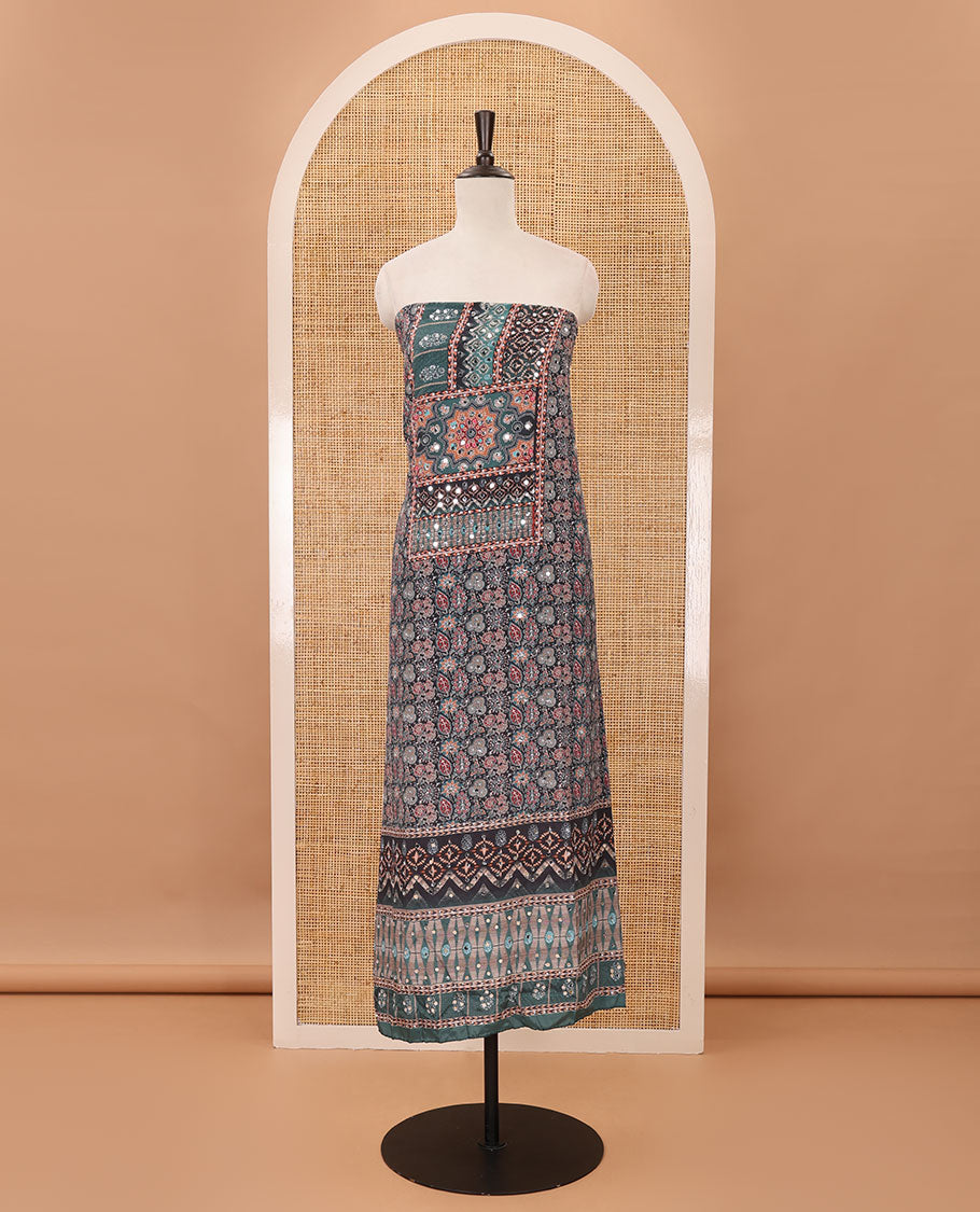 Black & sapphire green material chudidar set, Arjrakh print & mirror work Masakali crepe top,santoon bottom & Arjrakh print & mirrorwork chinon dupatta
