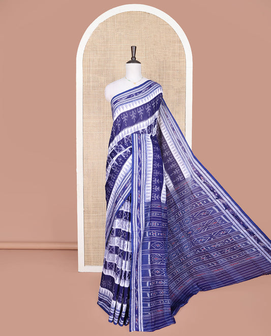 Blue Odisha Cotton Saree, Embellished with Butta Enclosed Checks and Temple Designs All Over the Body, Subtly Woven Border, Pallu Depicts Geometric Patterns, and Paired with a Matching Blouse