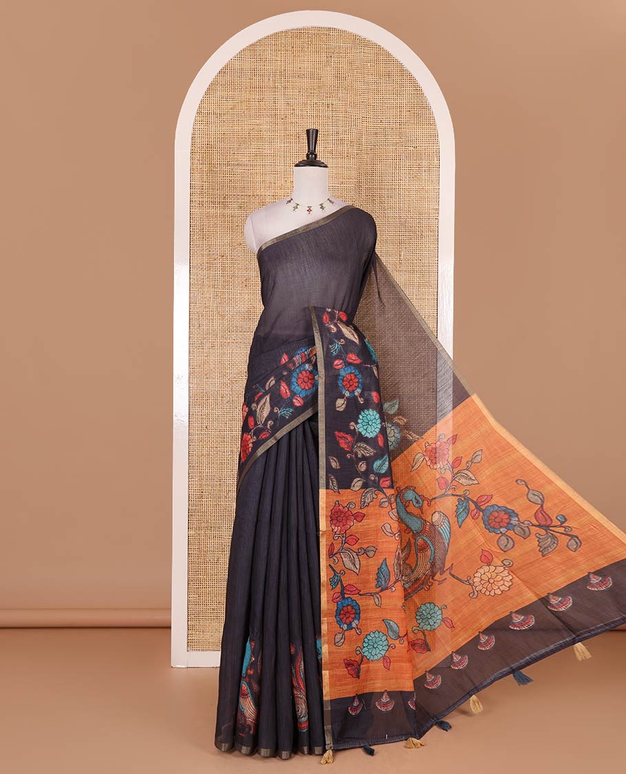 Black-orange kalamkari floral vine, and peacock printed linen cotton saree, piping border, kalamkari printed pallu, and contrast striped pallu