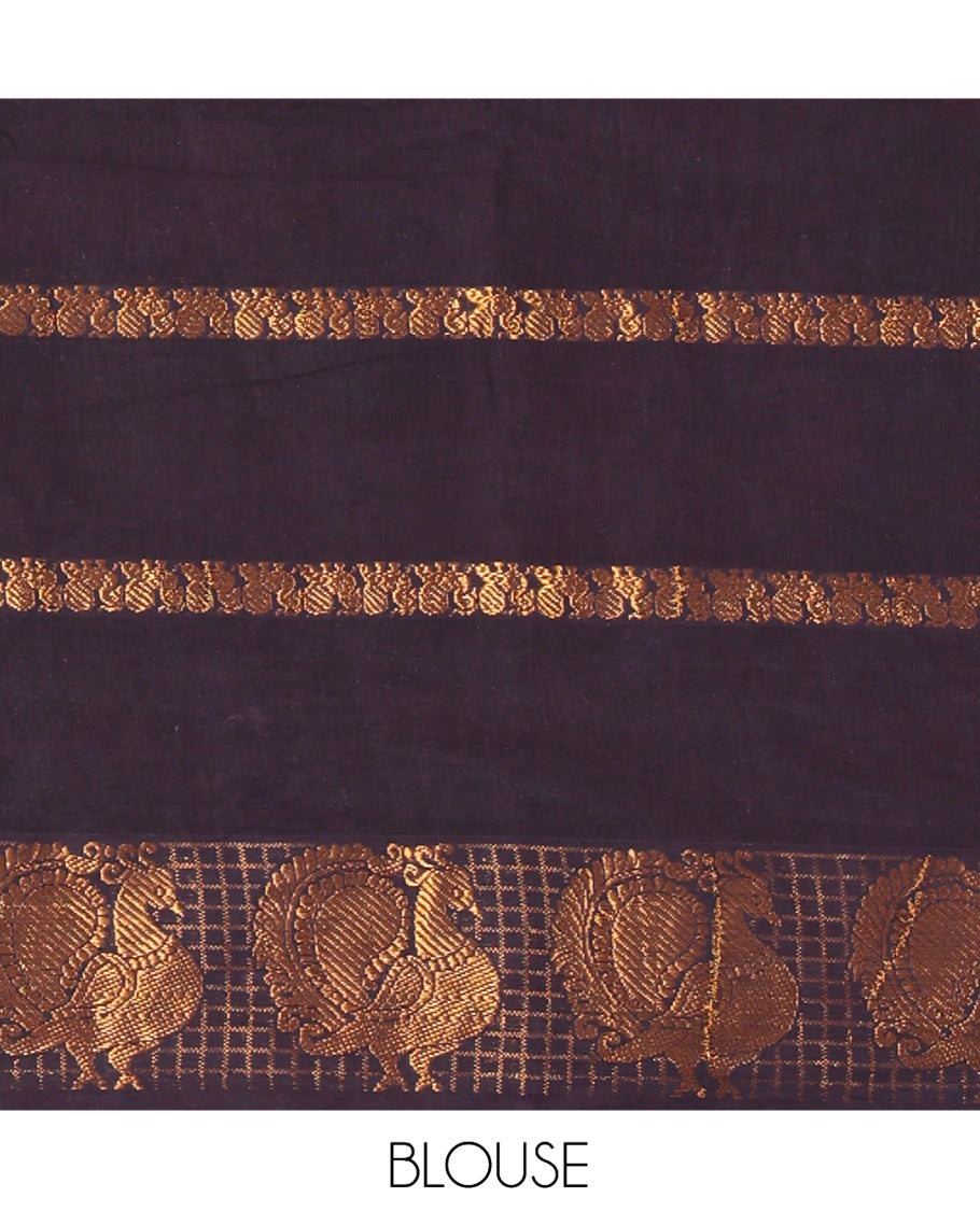 Purple Peacock Buttas Sungudi Cotton Saree, Contrast Checked Peacock Border, Contrast Blouse