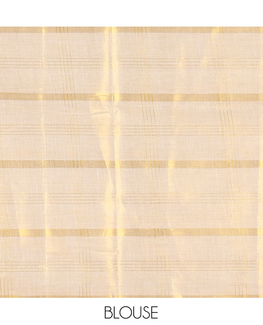Borderless Gold Kerala Tissue Saree, Gleamed Up with Zari Checked Design, a Self-Pallu, and a Matching Blouse