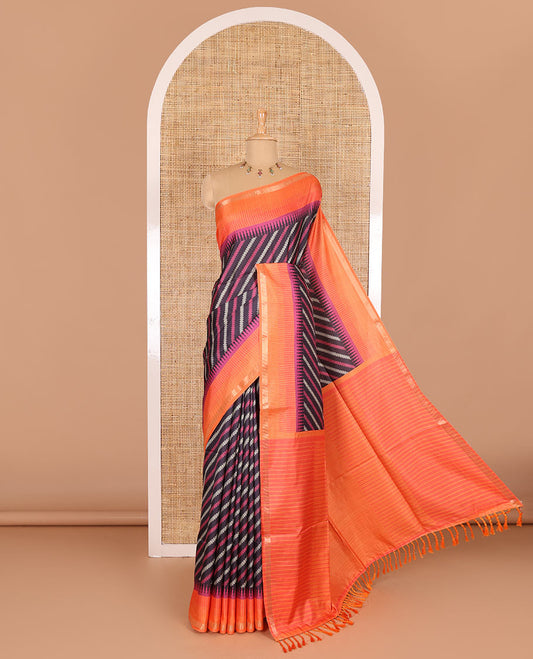 Black leheriya stripes printed katan silk saree, contrast zari piping temple border, temple pallu, and a contrast square buttas printed blouse
