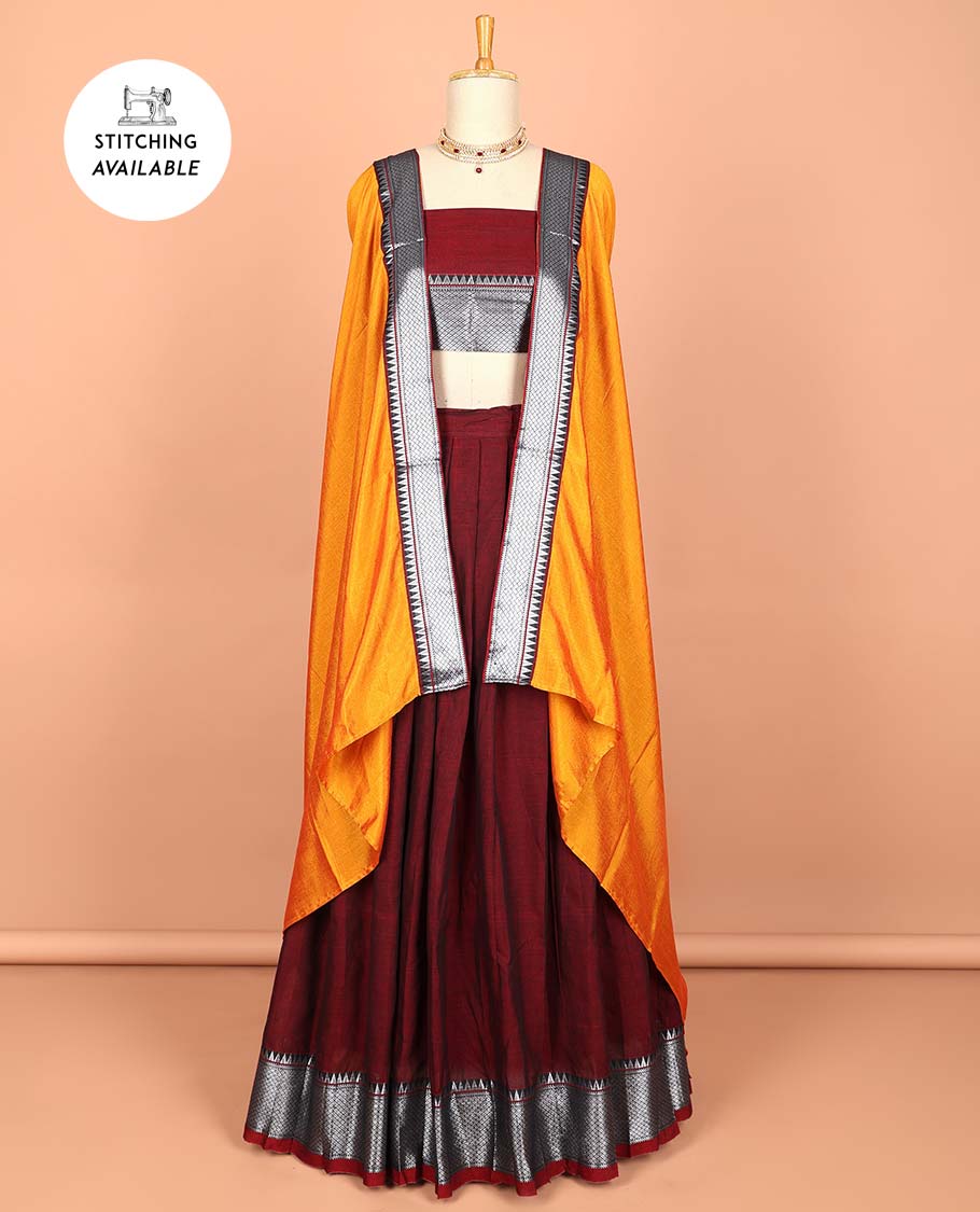 Green cotton half saree with contrast zari border, plain blouse & plain with zari border dhavani