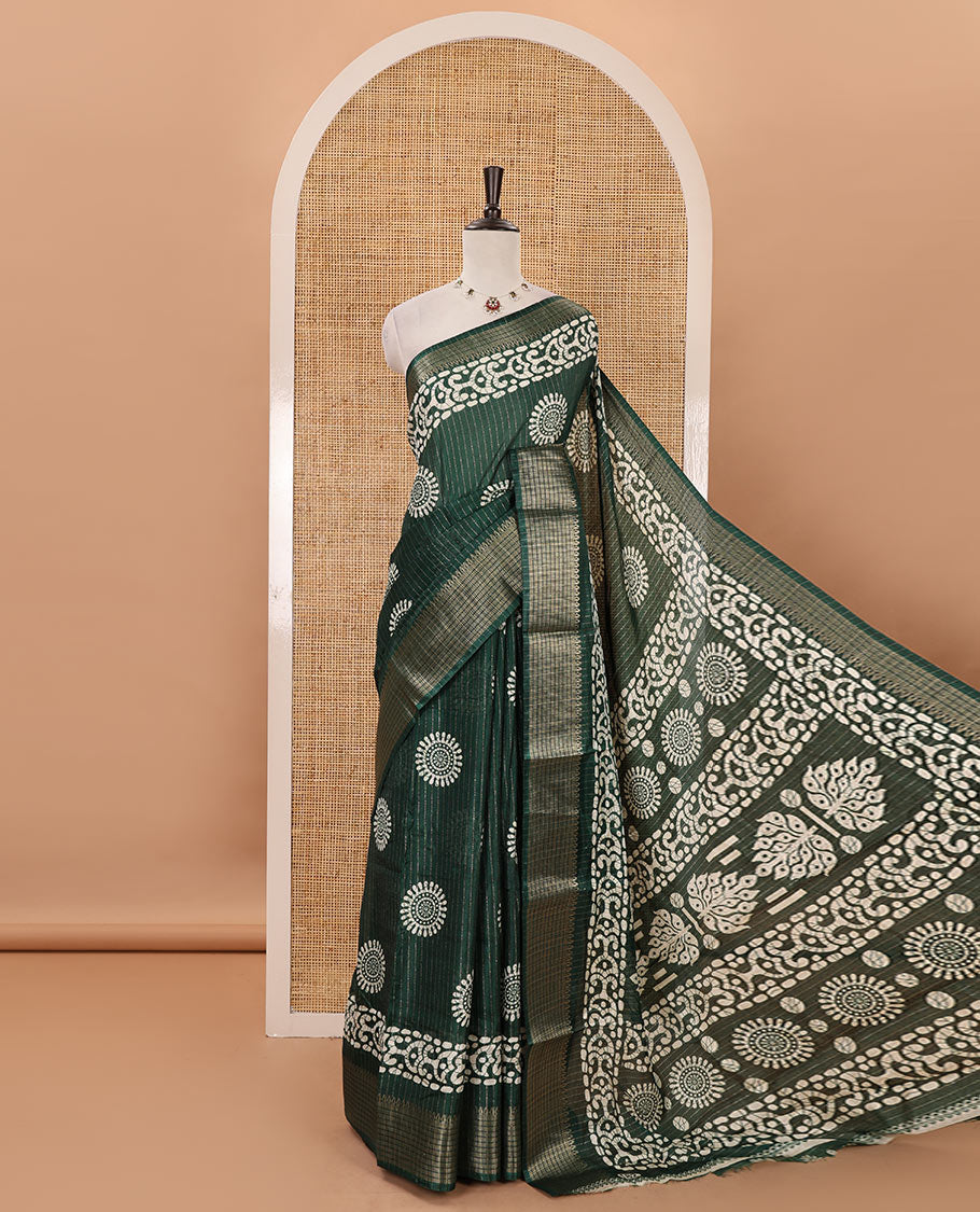 Green golden zari striped & batik-printed dola silk saree, traditional zari border & batik printed pallu & matching batik printed blouse