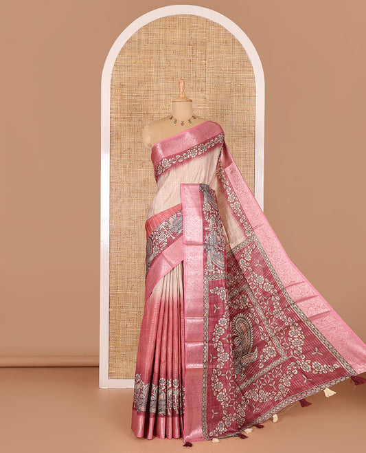 Onion pink tri-ombre colored zari stripes, and kalamkari peacock printed semi-tussar saree, contrast floral creeper zari border, peacock printed pallu, and a contrast blouse of zari and print work