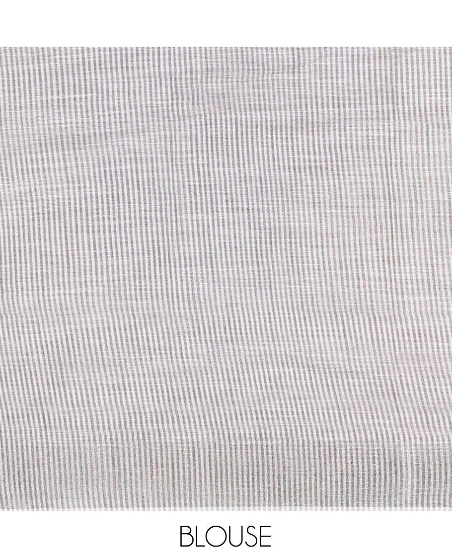 Grey Plain Linen-Cotton Saree, a Zari Border, Striped Pallu, and a Matching Blouse