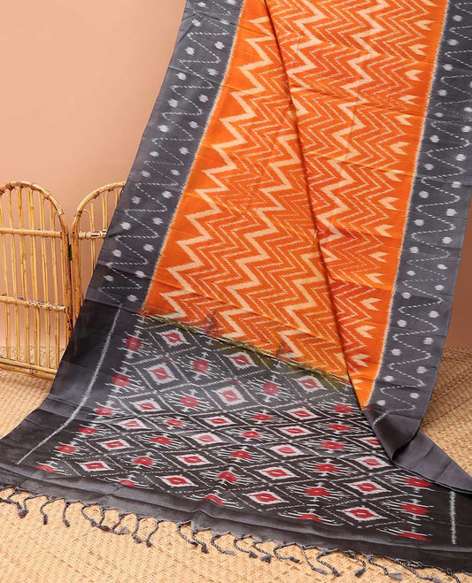 Orange ikkat-style chevron striped soft silk saree, contrast border & pallu of ikkat designs