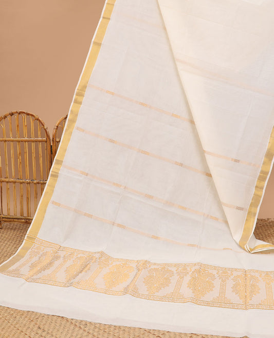 Cream kerala saree with zari stripes, zari border & pallu of intricate designs in zari