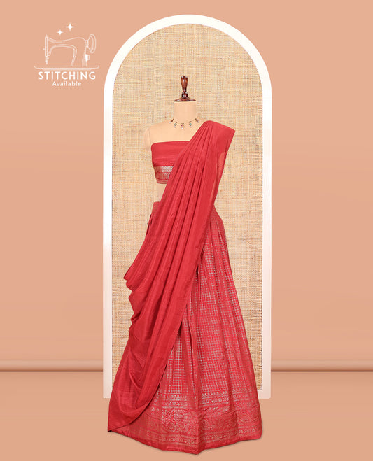 Red Vichitra Silk Half Saree with Zari Checks, a Traditional Zari Border, Matching Blouse and a Dhavani