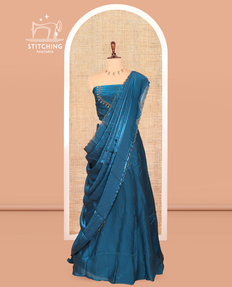 Peacock Blue Fendi Organza  Half-Saree, Plain Skirt, Matching Embroidered Blouse, Matching Scallop Dhavani