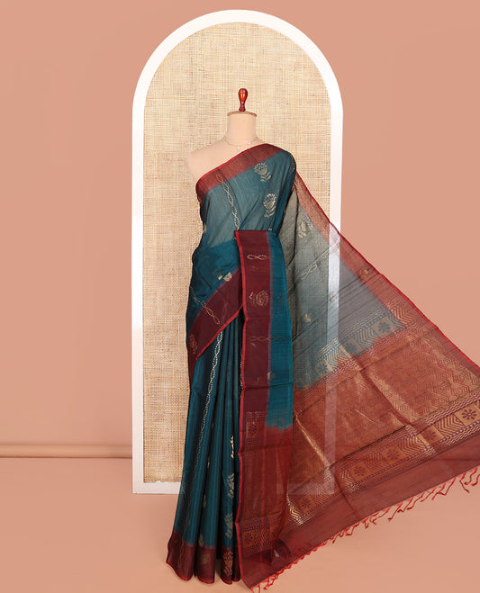 Blue Silk Cotton Saree, Decorated with Zari Buttas All Over Its Body, Complemented by a Contrast Zari Design Border, Pallu of Geometric Zari Designs, and Paired with a Contrast Blouse