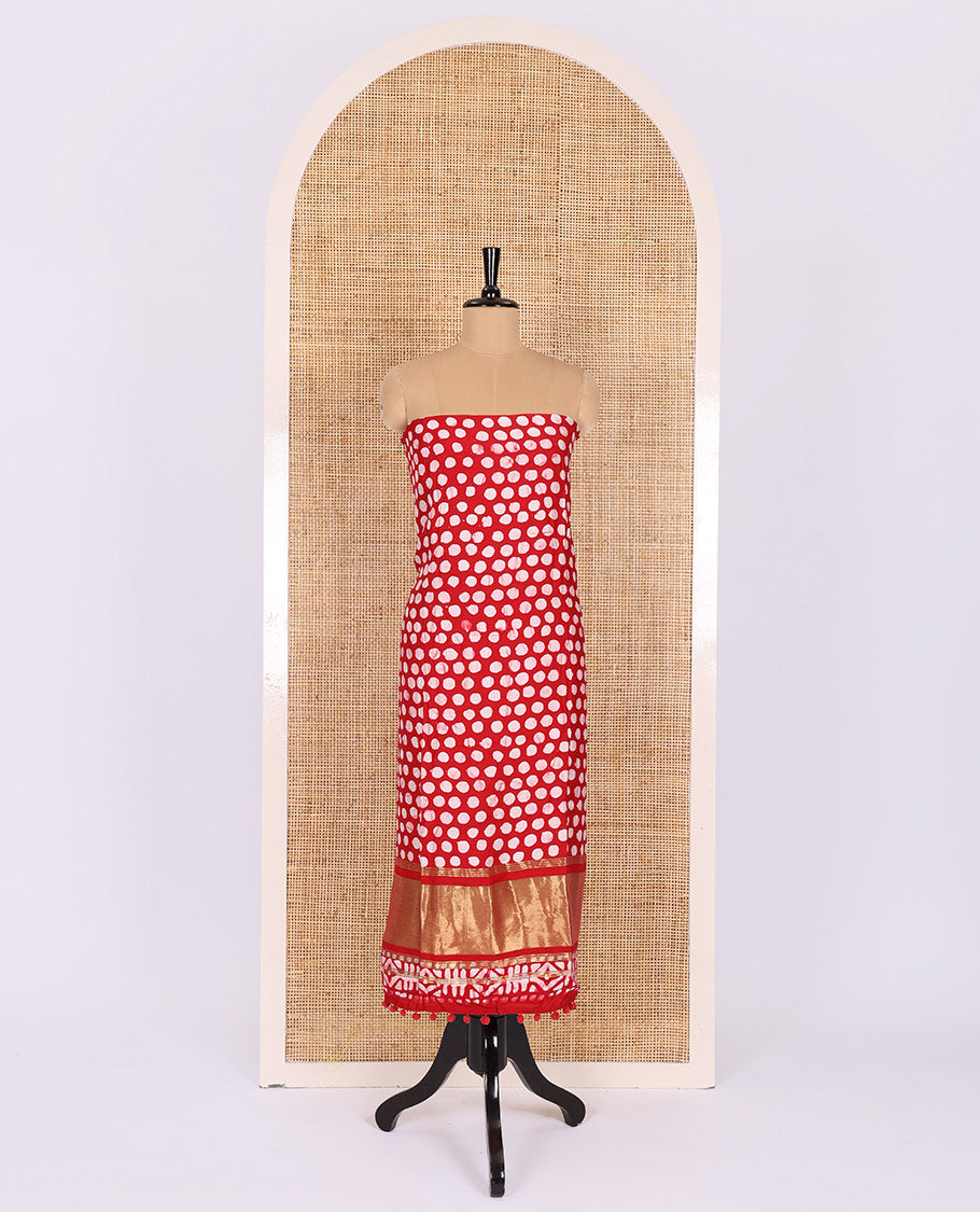 Red maroon material chudidar set, polka dots batik printed modal chanderi top, batik motifs printed bottom, and a batik motifs printed modal chanderi dupatta
