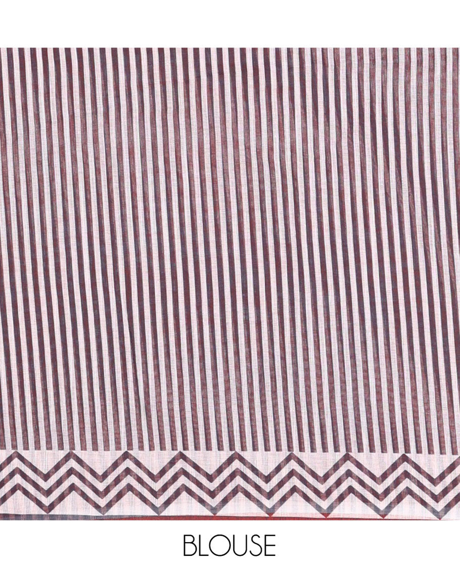 Red-Orange Linen Cotton Saree, Bedecked with Ombre-Style Dyed with Mirror Work Across Its Body, Subtly Sparkled Scallop Thread Border, Pallu Steeped with Stripes and Mirror Work, and Paired with a Contrast Vertical Stripes Printed Blouse
