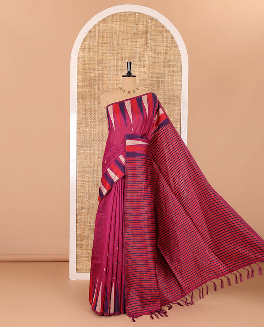 Rani pink thread buttas woven jute cotton saree, multi-color temple border, striped pallu, and a matching striped blouse