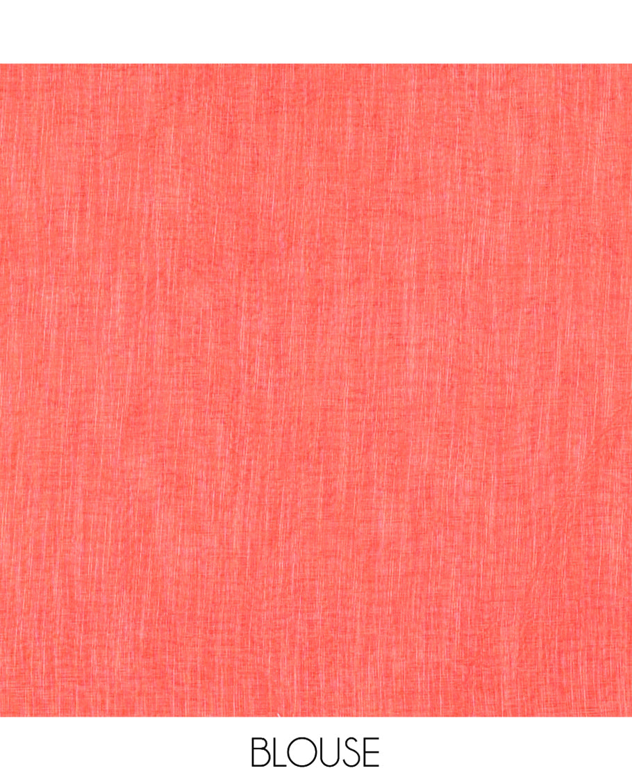 Chikku-Orange Linen Cotton Saree, Elevated with Geometric Print, a Contrast Ikat Border, Printed Pallu, and Contrast Blouse