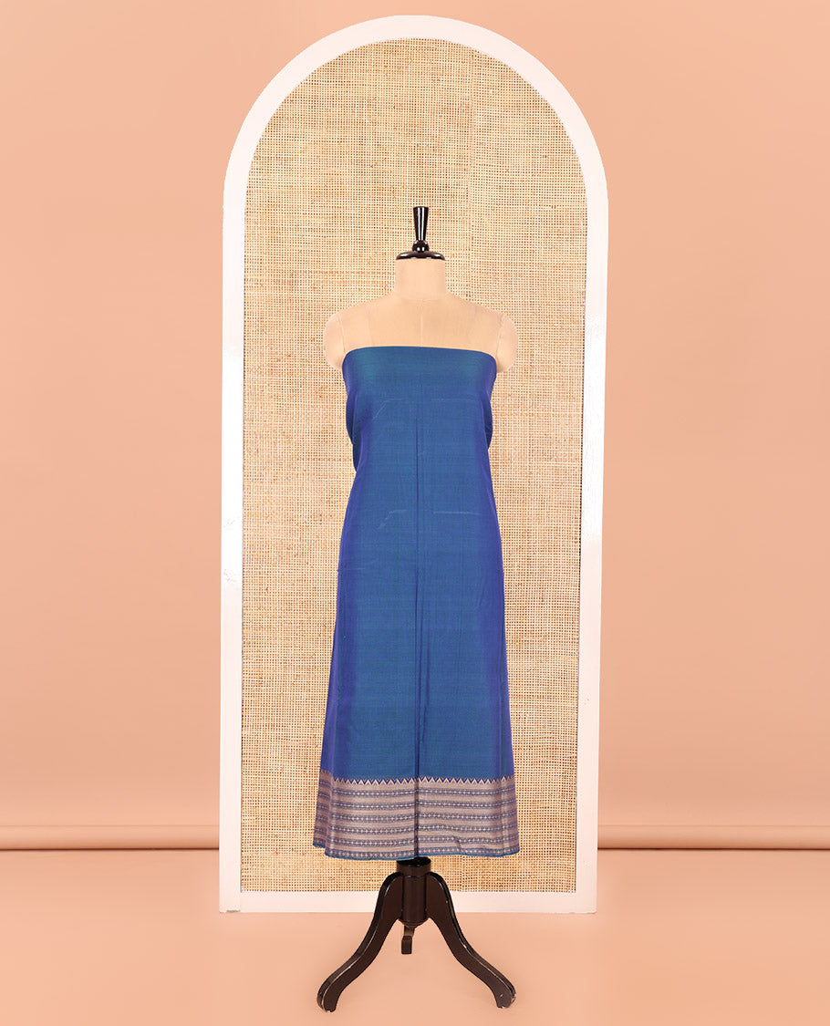Blue Mercerised Cotton Material Churidar Set, Subtly Made Plain with Traditional Bordered Top, a Mercerised Cotton Bottom, and Paired with a Mercerised Cotton Traditional Bordered Dupatta