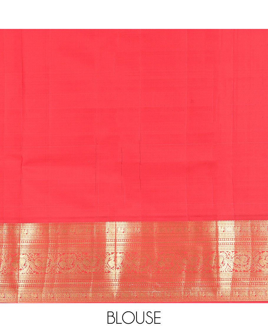 Grey-Orange Striped Vasundhara Lite Silk Mix Saree, Gleamed Up with a Zari Checks on Its Body, Complemented by a Contrast Border of Rekku, Diamond, Mayil, and Kodi Mayil Designs, Gleaming Zari Pallu, and Paired with a Contrast Blouse