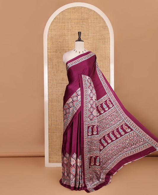 Purple plain gajji silk saree with ajrak printed border, ajrak printed geometric pallu, and printed blouse